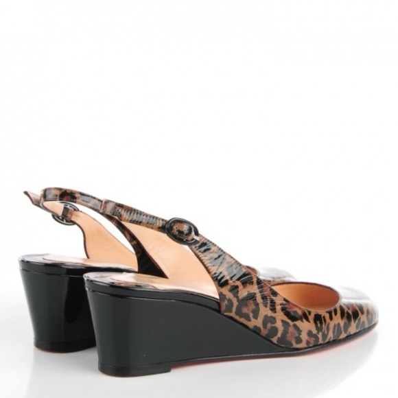 Authenticated Christian Louboutin Patent Cynthia Leopard Sling Back Wedge Heels - Picture 4 of 15